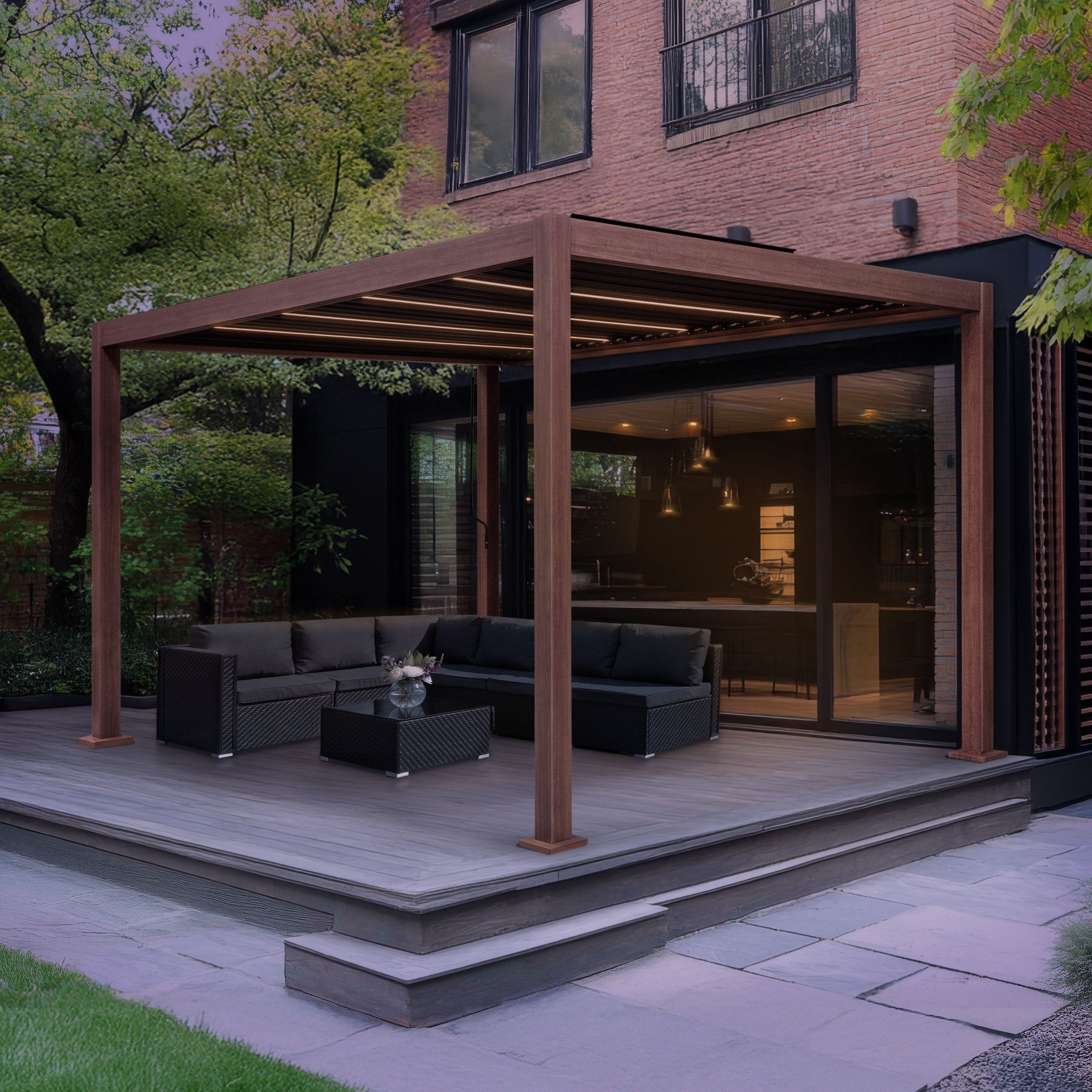 Wood Effect Aluminium Pergola with LED Lights - 3m x 3m