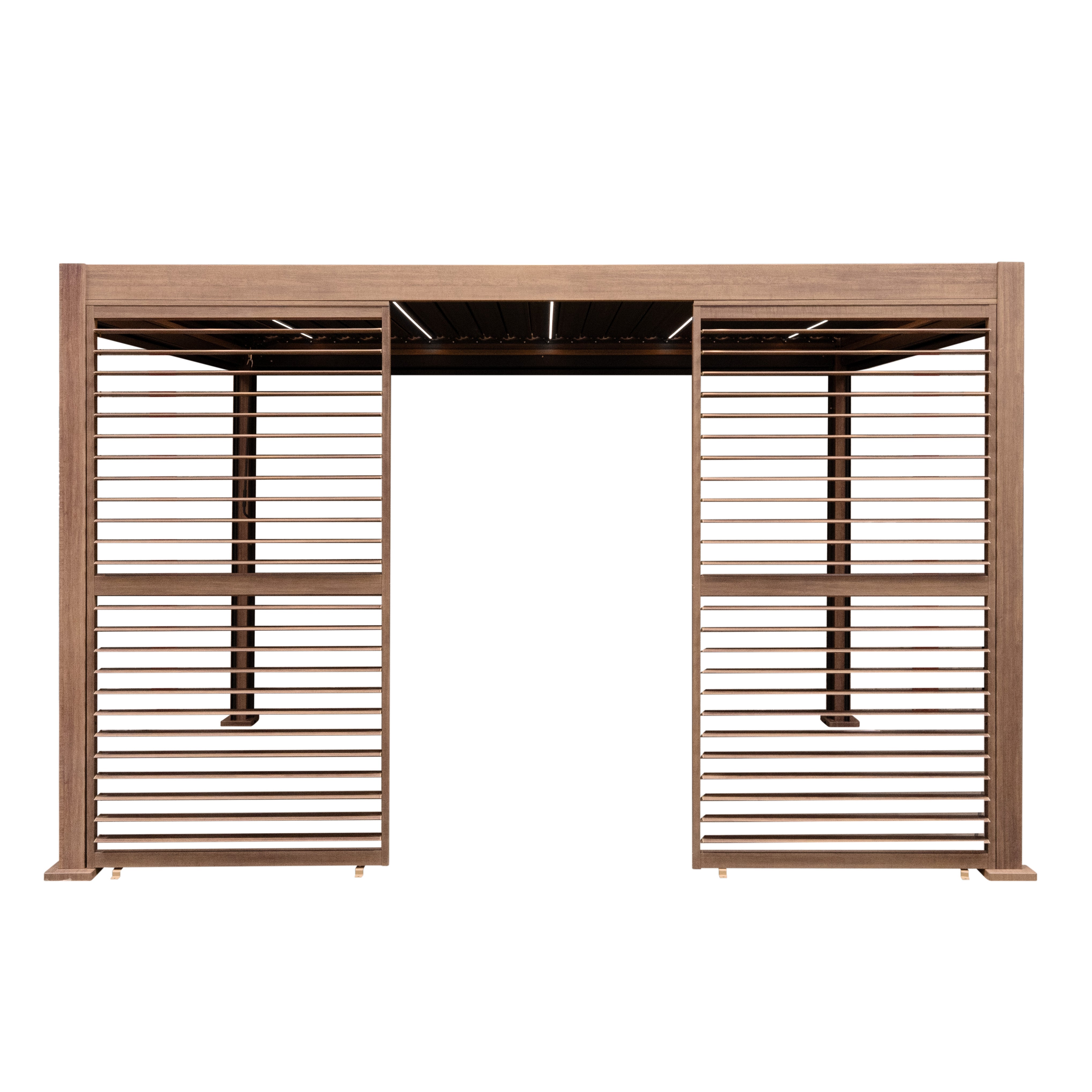 Wood Effect Aluminium Pergola With Blinds, 2 x Side Panels & LED Lights - 4m x 3m