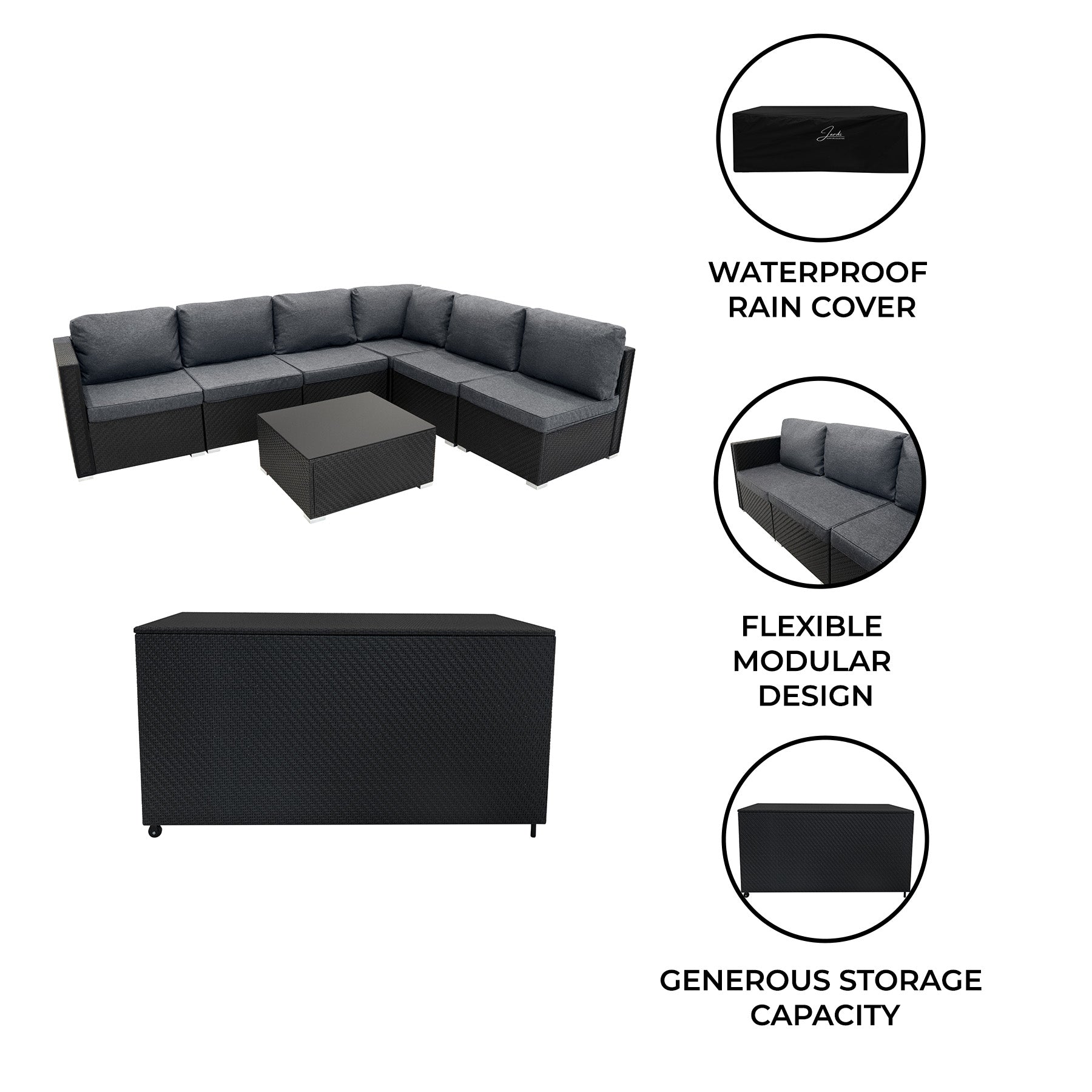 Rattan Modular 7 Piece Furniture Set & 996L Storage Box - Black