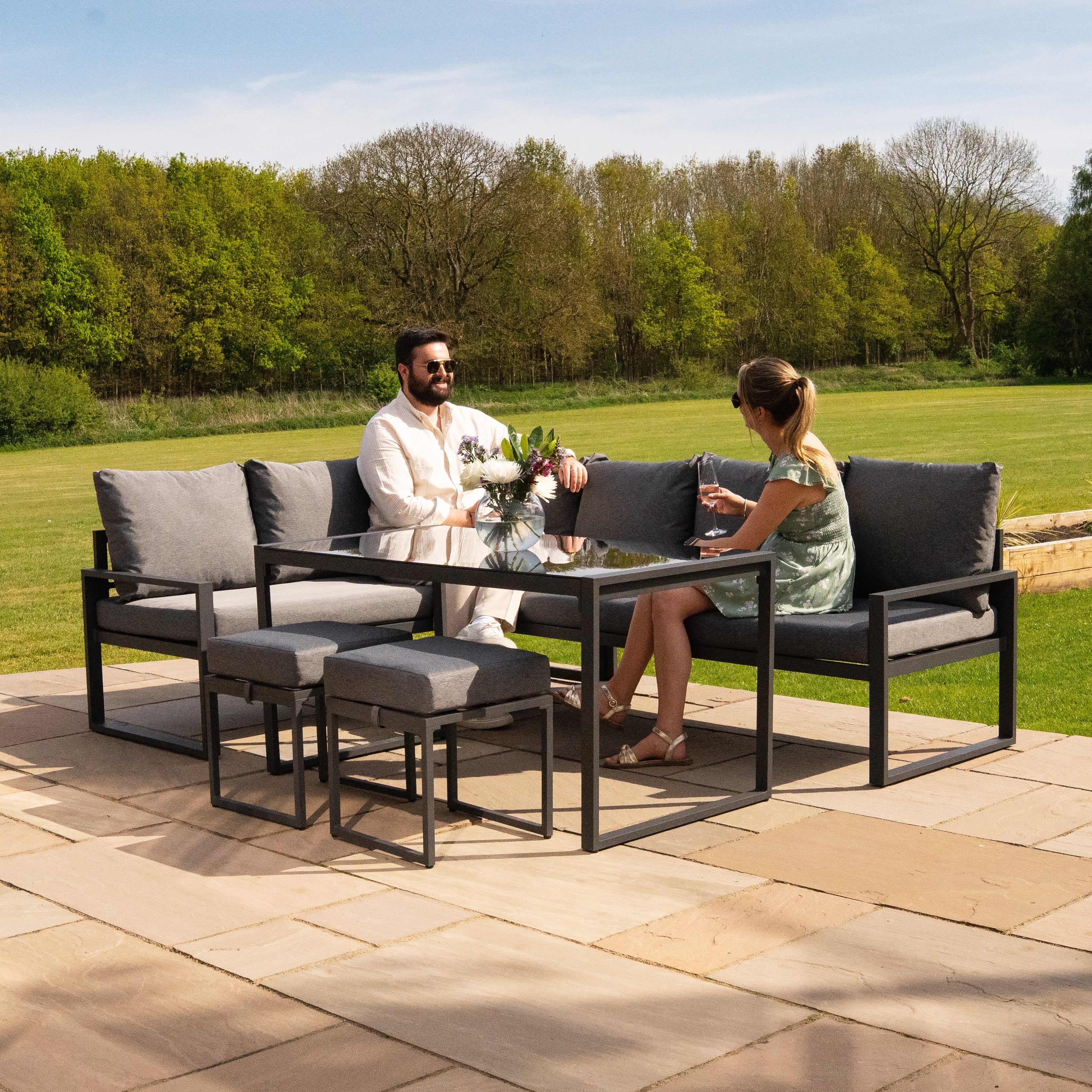 Aluminium Corner Sofa Set With Black Rattan Storage Box - Anthracite Grey