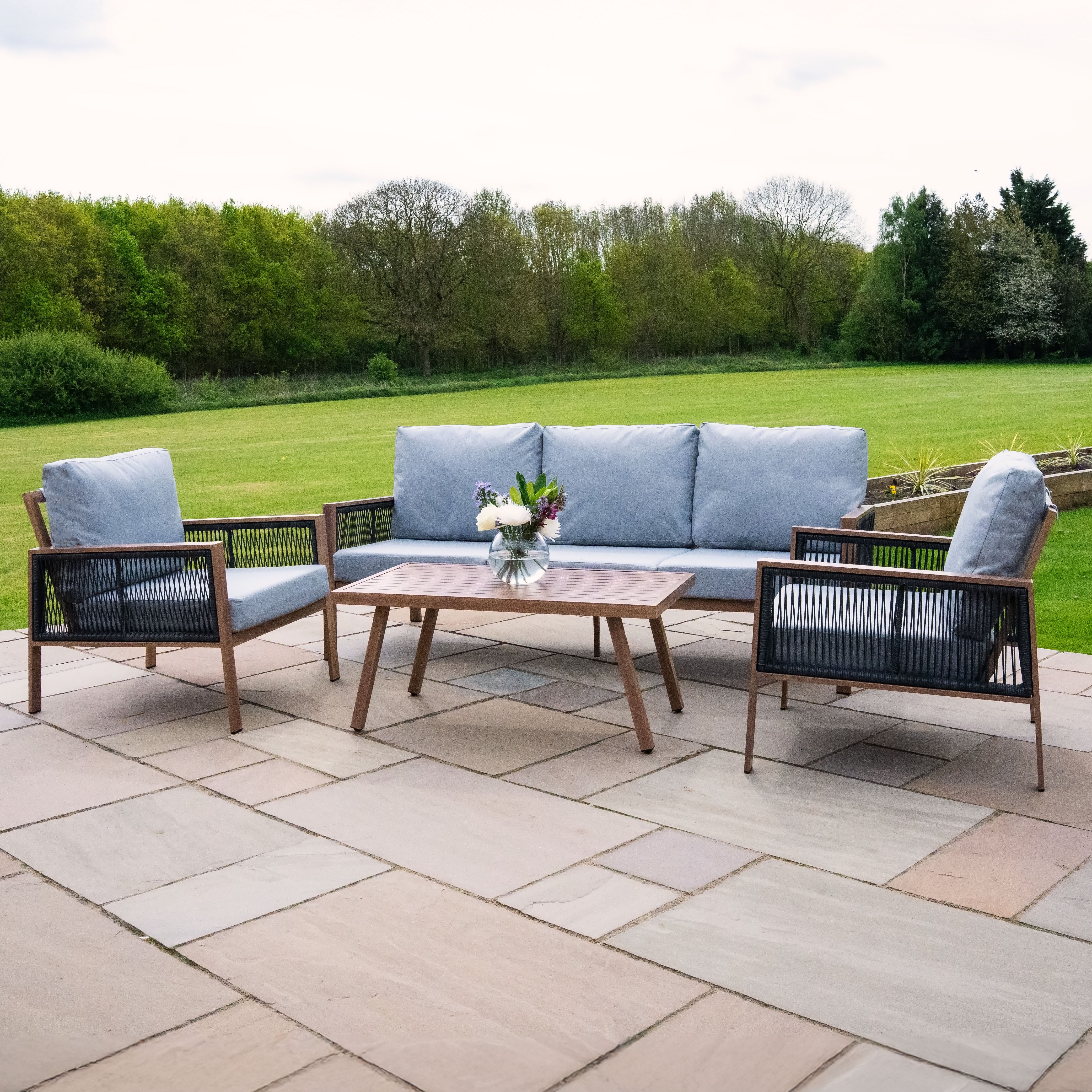 Aluminium 4 Piece Sofa Set with Black Rattan Storage Box - Wood Effect
