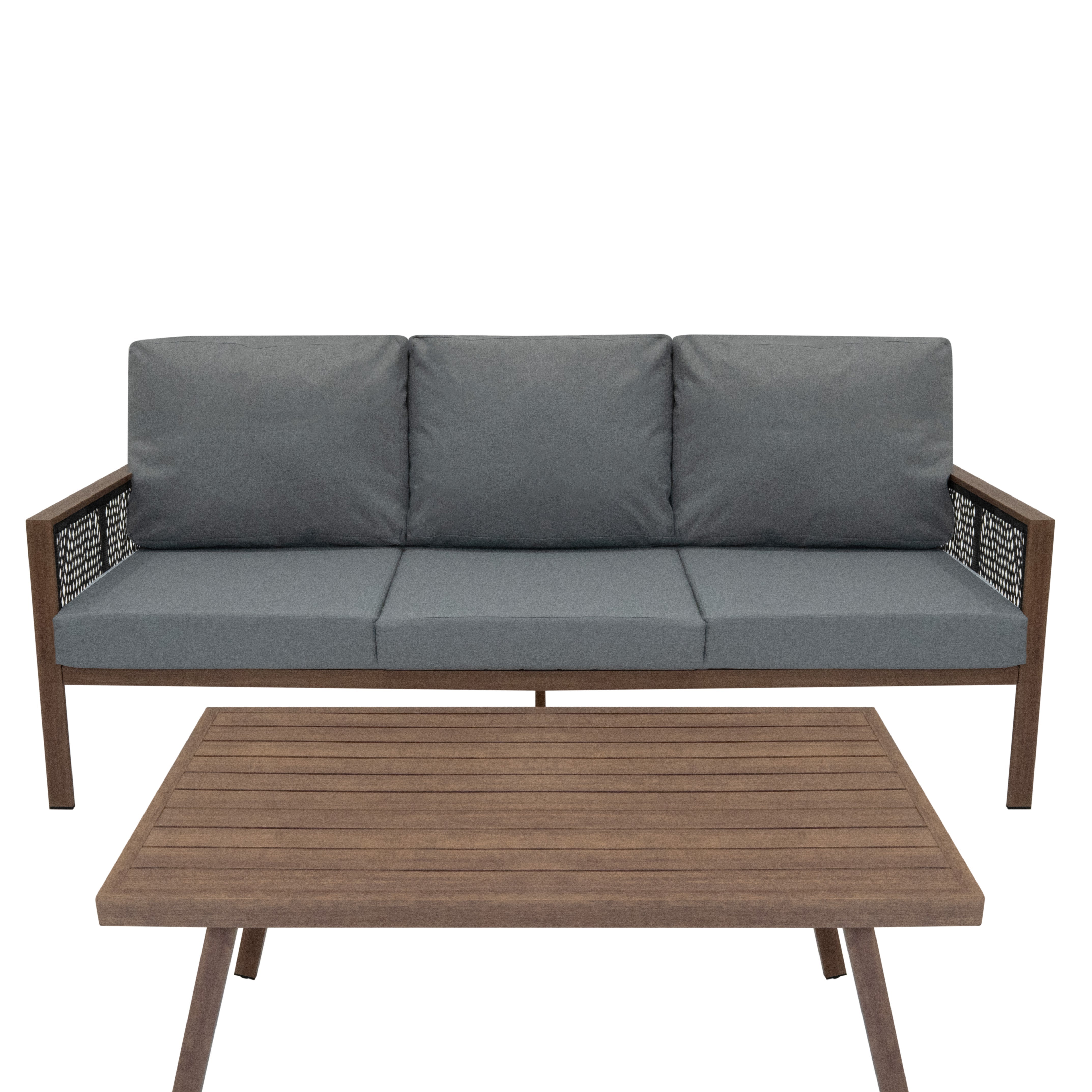 Aluminium 4 Piece Sofa Set with Black Rattan Storage Box - Wood Effect