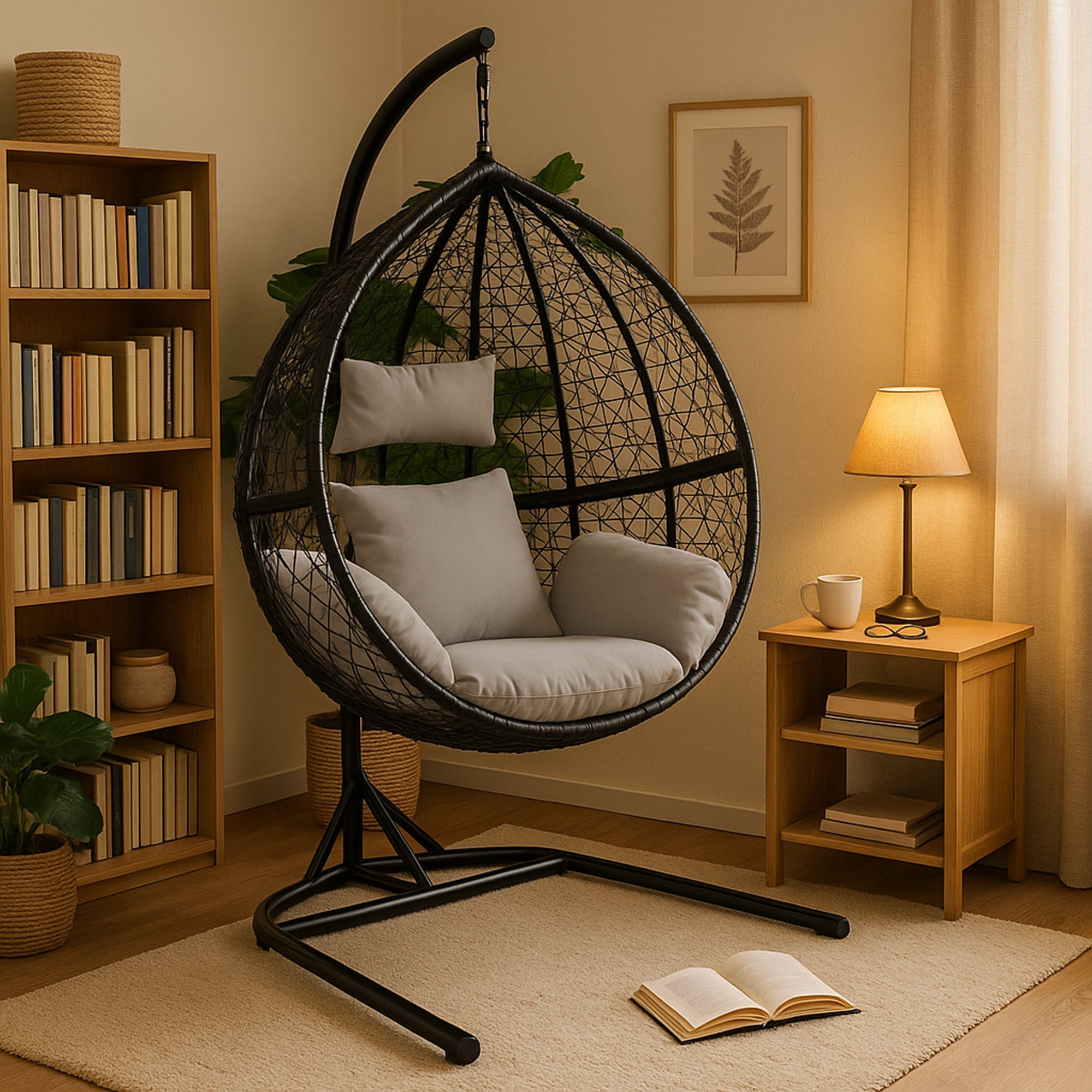 Hanging Rattan Egg Chairs x 2 - Black